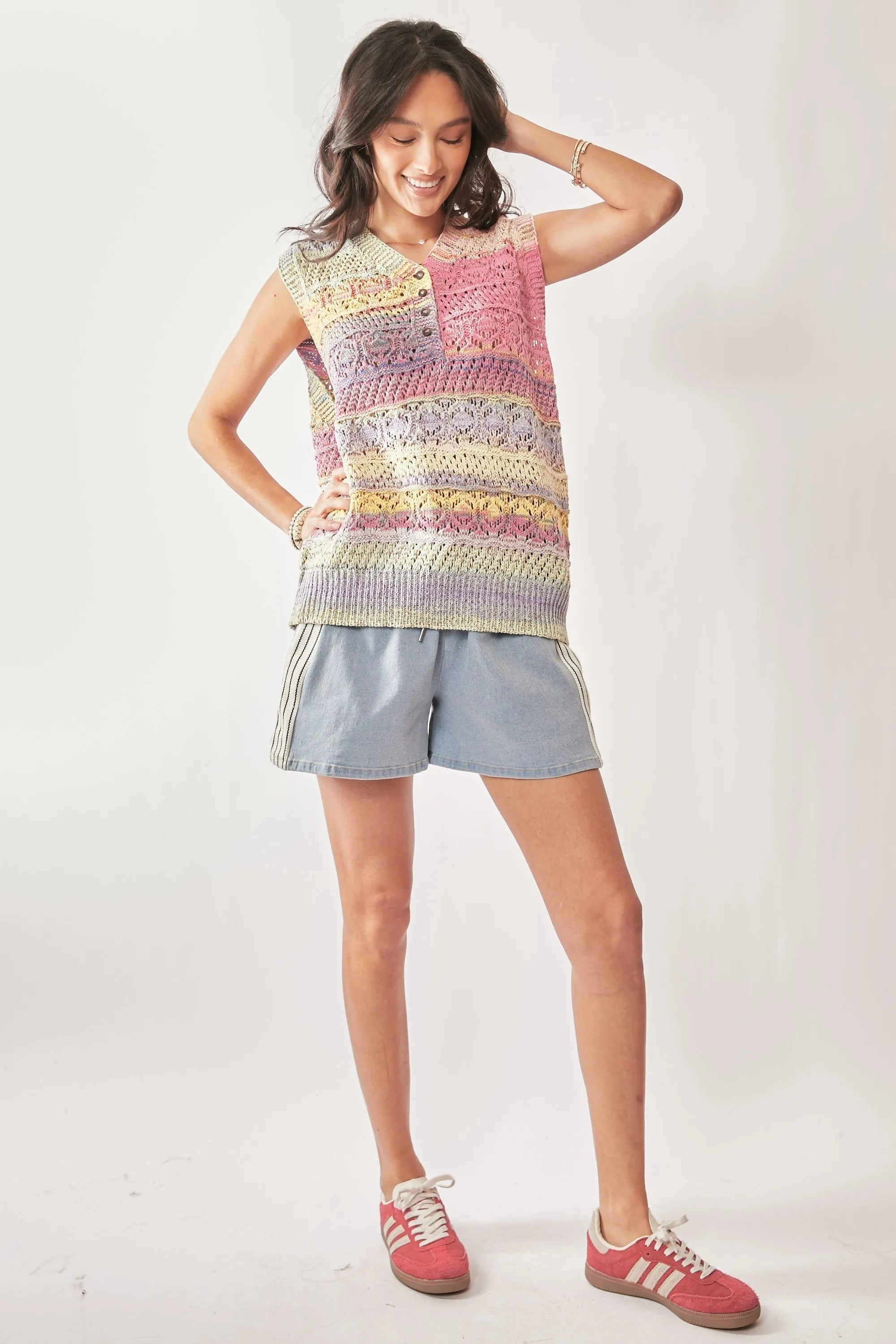 DAVI & DANI Multi Color Crochet Sleeveless Knit Vest Top on Simply Obsessed