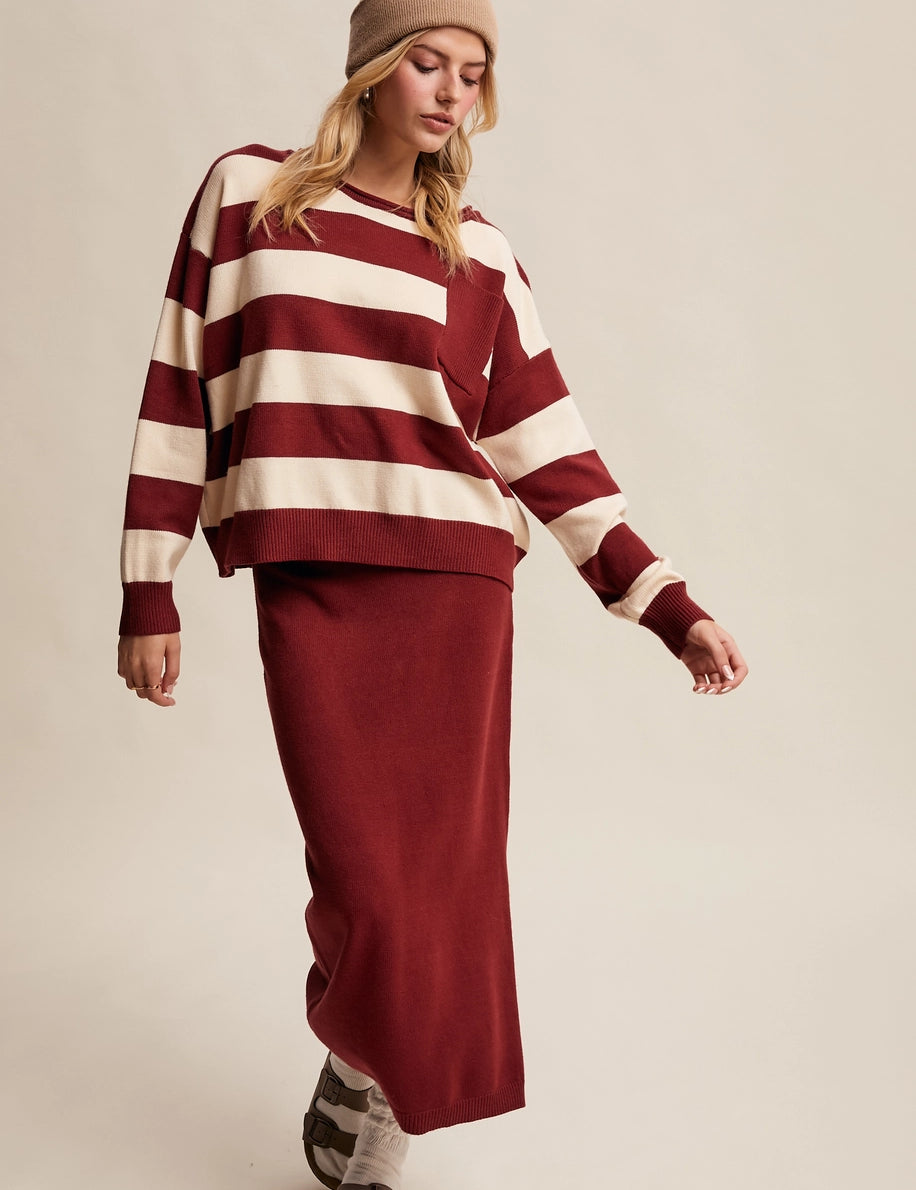 LISTICLE Burgundy Striped Sweater & Knit Skirt Set on Simply Obsessed