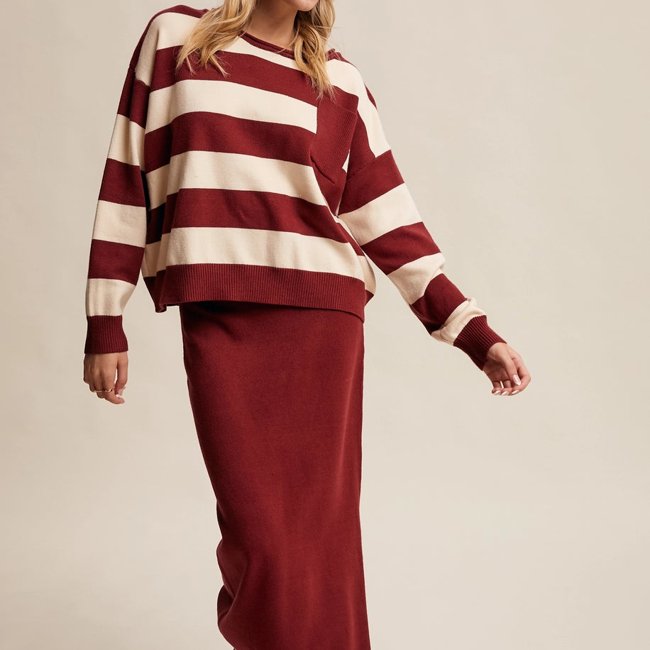 LISTICLE Burgundy Striped Sweater & Knit Skirt Set on Simply Obsessed
