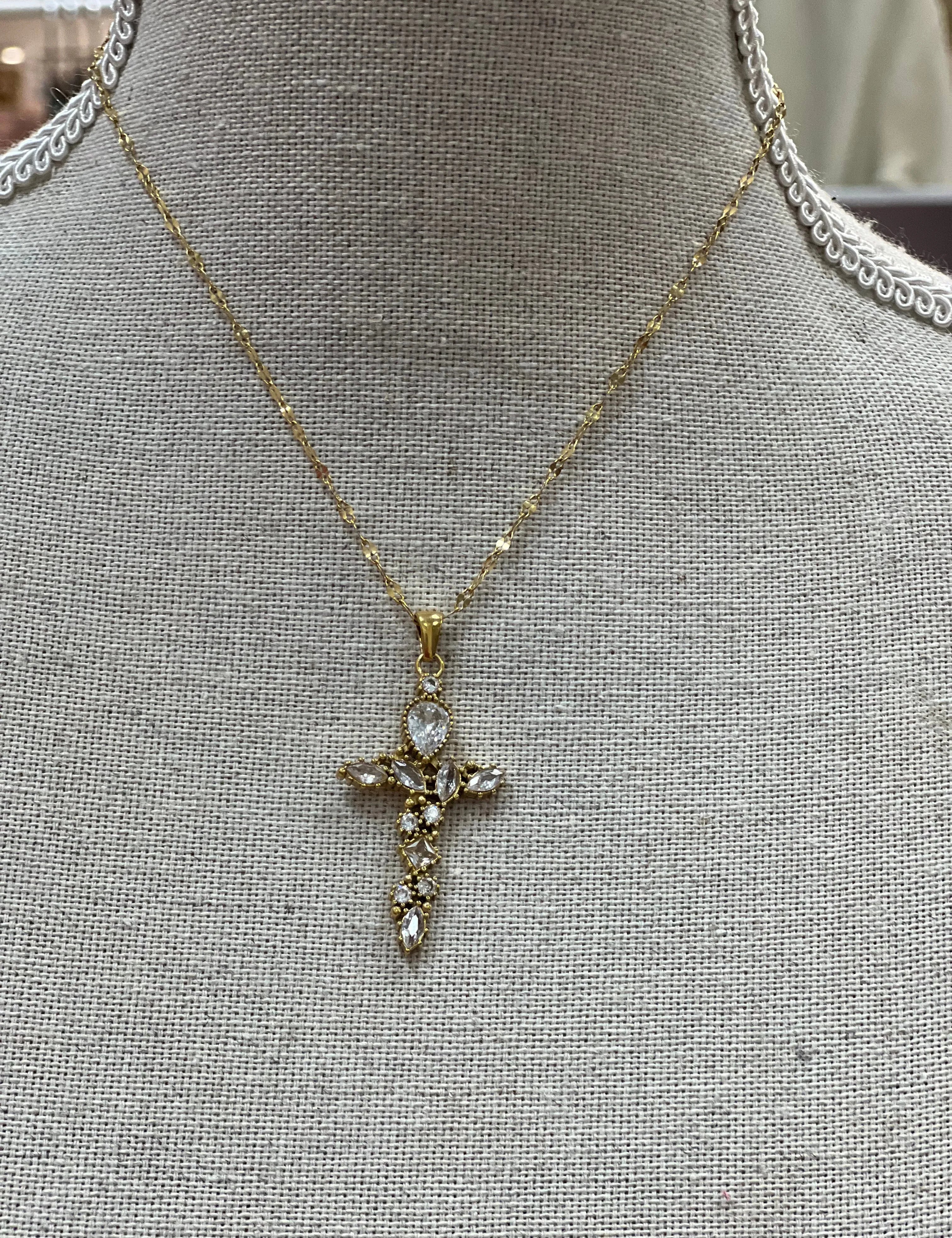 GALORE Plated Gold Crystal Cross Necklace on Simply Obsessed