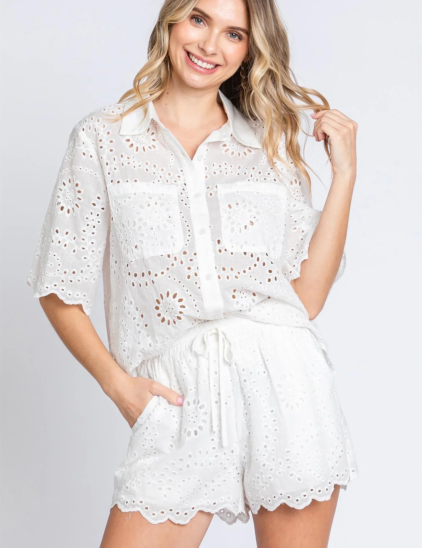 GEEGEE Pattern Collared Button Up Top & Shorts set OFF WHITE on Simply Obsessed