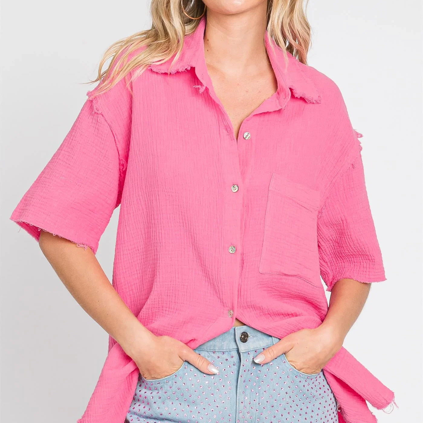GEEGEE Woven Frayed Edge Buttonup Blouse - PINK on Simply Obsessed
