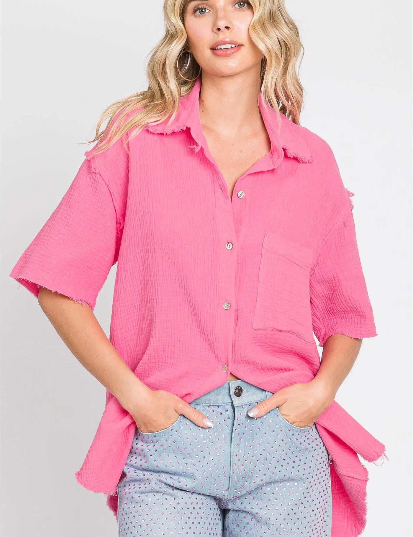GEEGEE Woven Frayed Edge Buttonup Blouse - PINK on Simply Obsessed