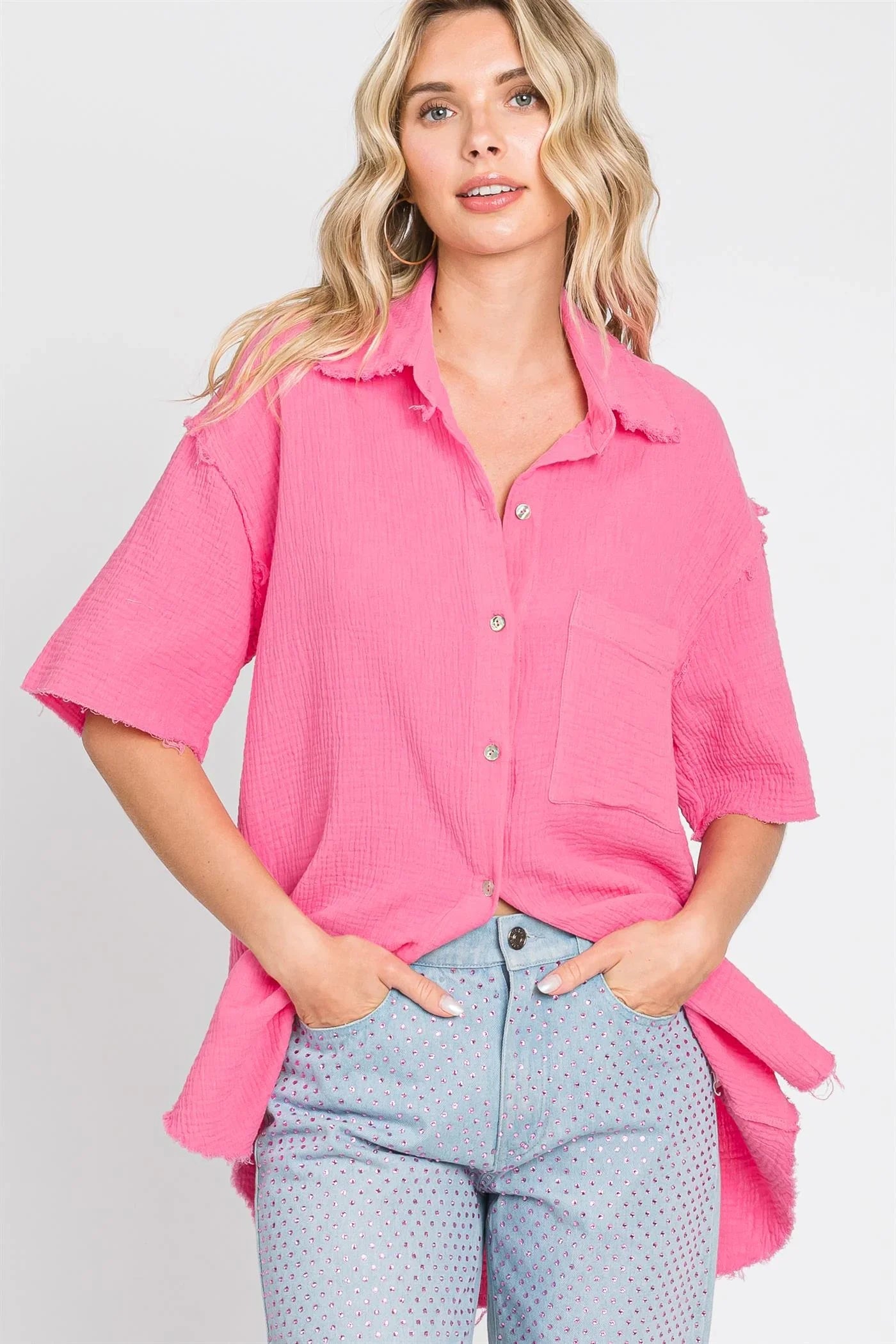 GEEGEE Woven Frayed Edge Buttonup Blouse - PINK on Simply Obsessed