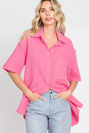 GEEGEE Woven Frayed Edge Buttonup Blouse - PINK on Simply Obsessed