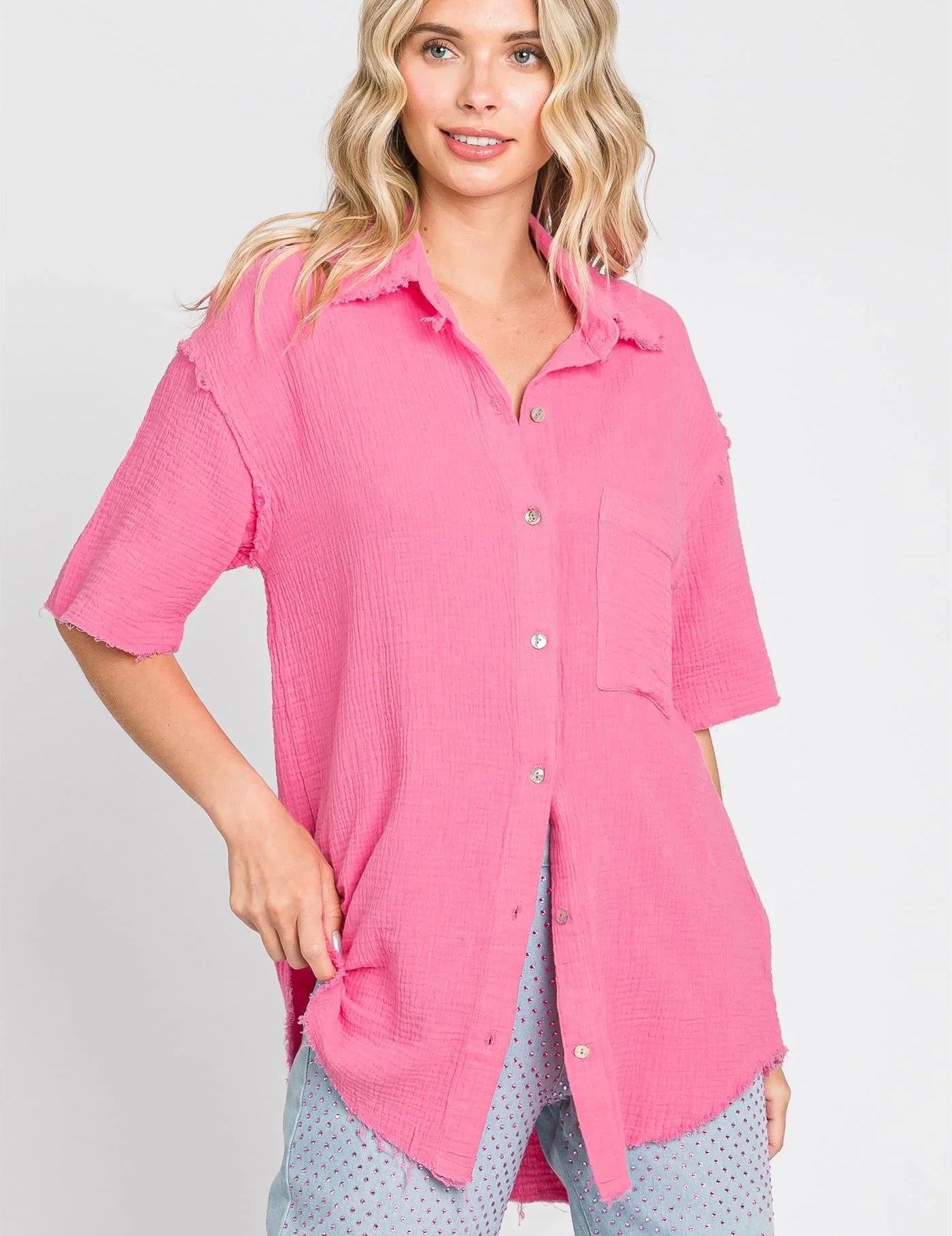 GEEGEE Woven Frayed Edge Buttonup Blouse - PINK on Simply Obsessed