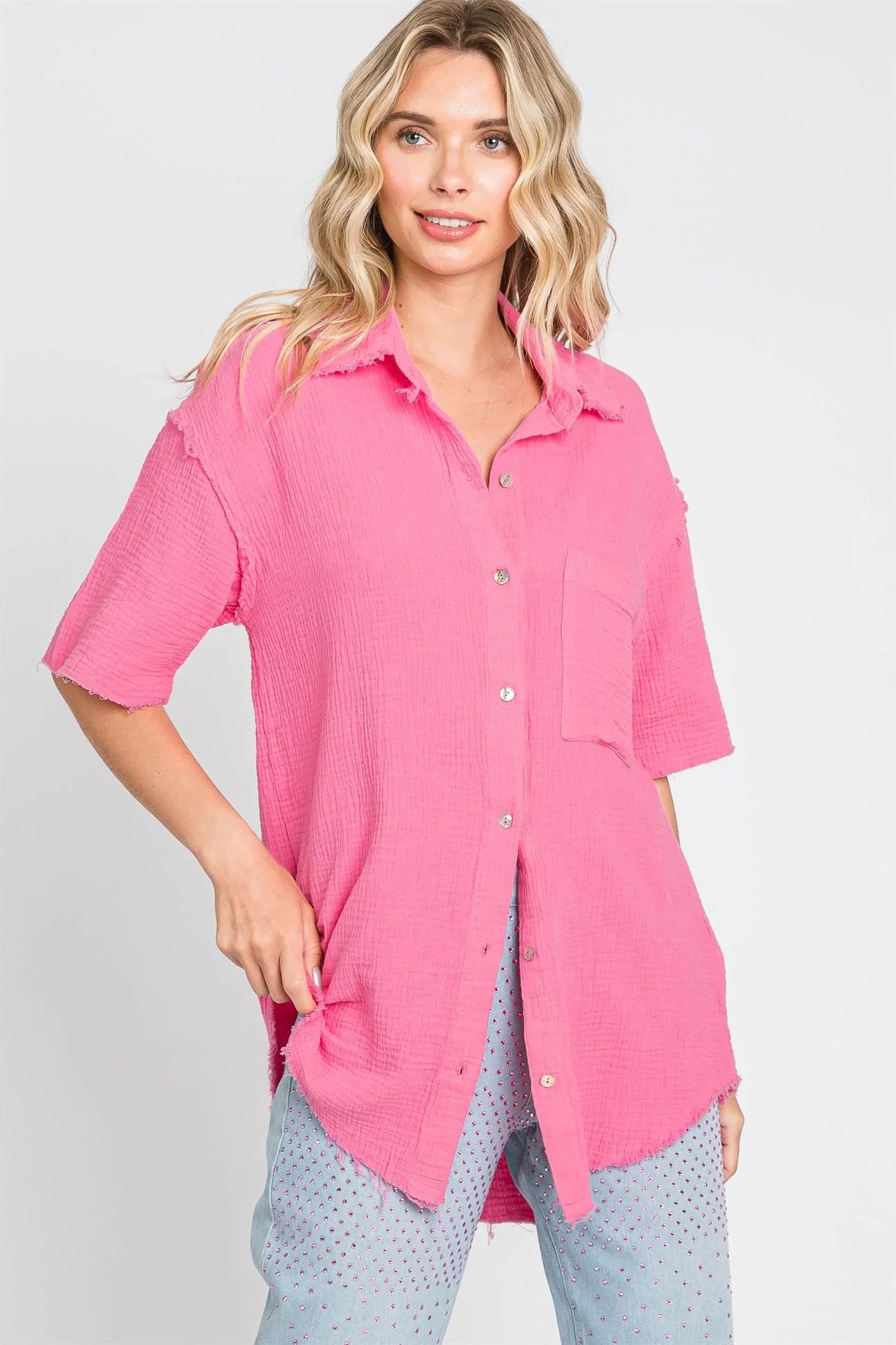 GEEGEE Woven Frayed Edge Buttonup Blouse - PINK on Simply Obsessed