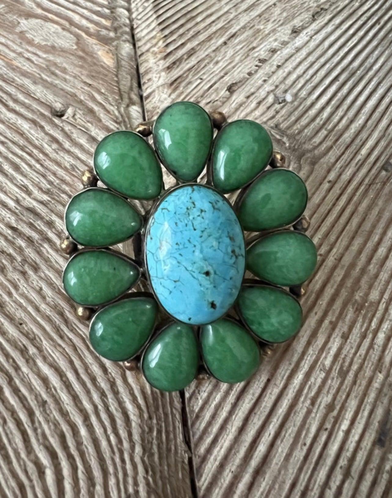 German Silver Size 9 Jade & Turquoise Ring on Simply Obsessed
