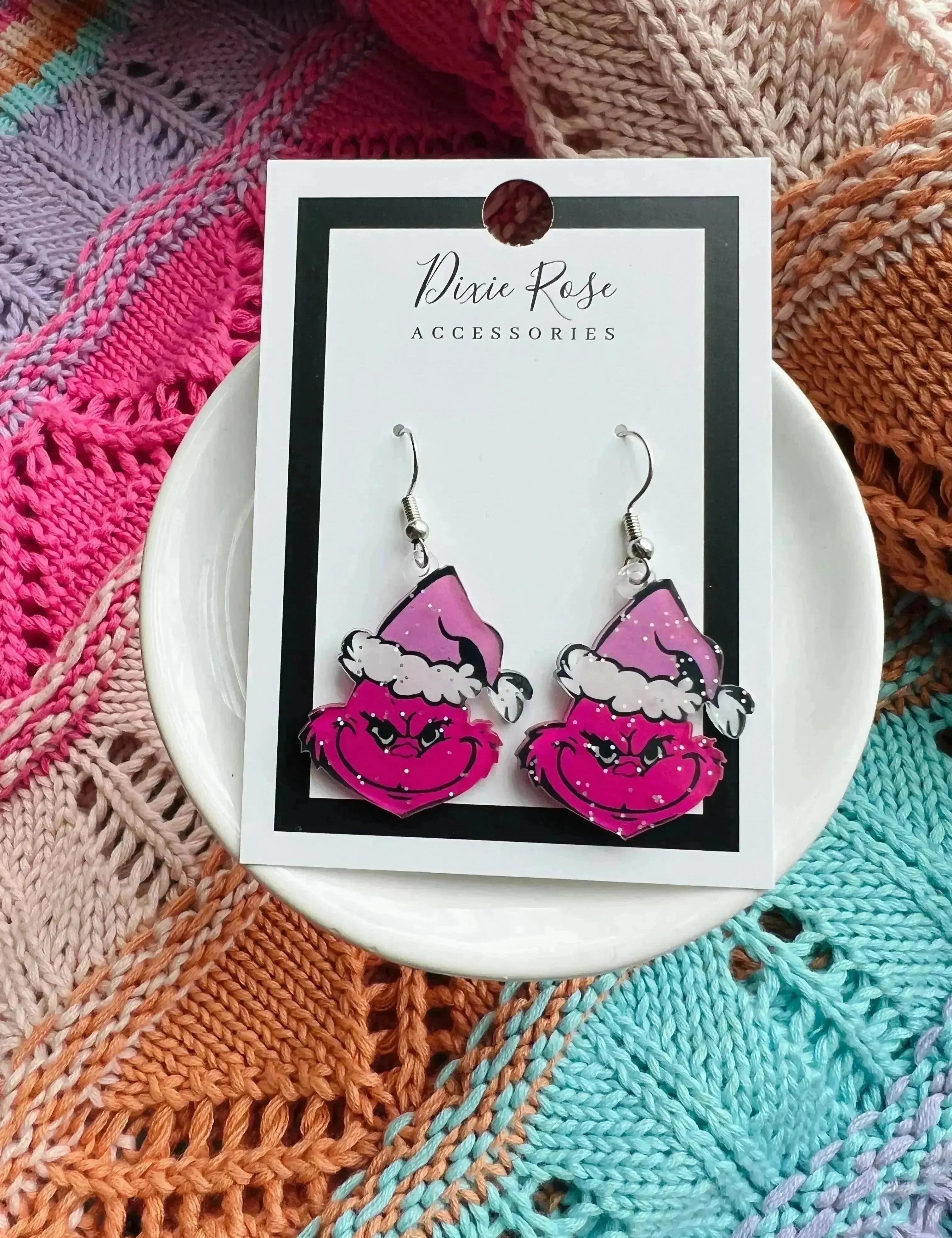 Glitter Pink Grinch Earrings on Simply Obsessed