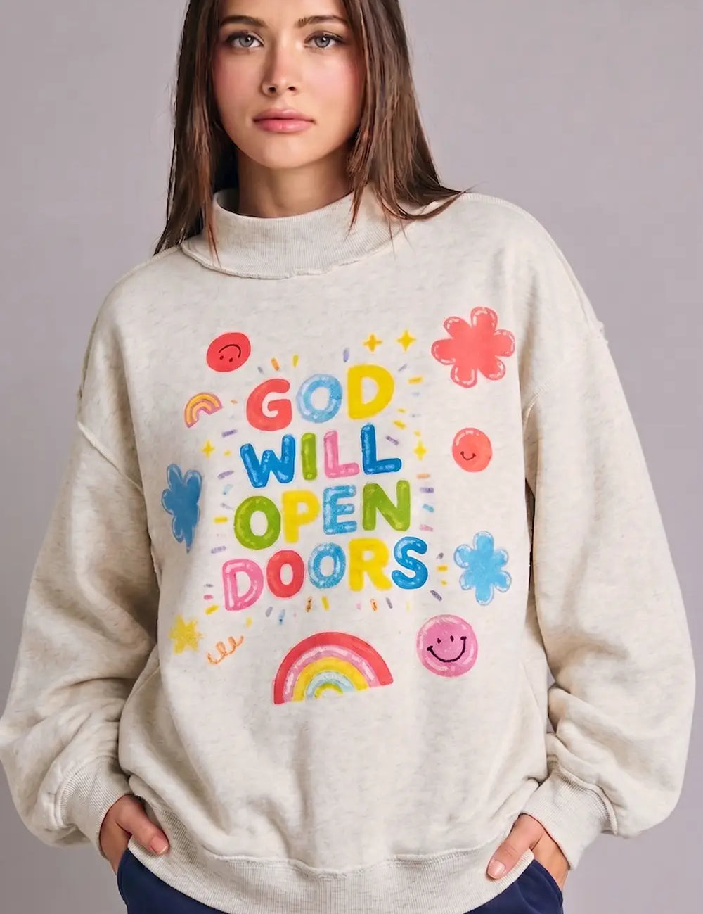 BUCKETLIST God Will Open Doors Mock-neck Sweatshirt on Simply Obsessed