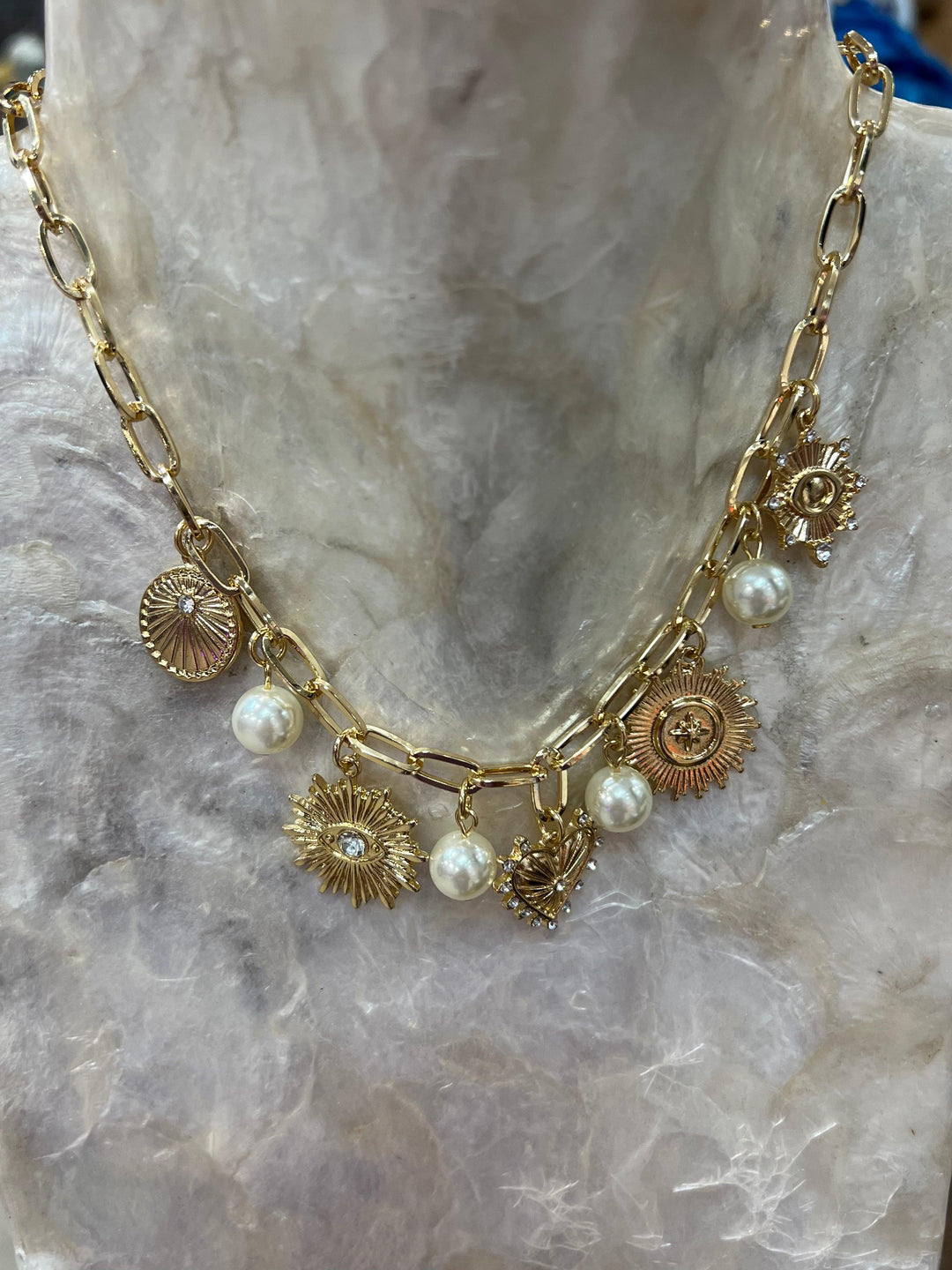 Gold/Pearl Charm Necklace on Simply Obsessed