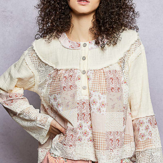 POL Gauze & Lace Long Sleeve Top on Simply Obsessed