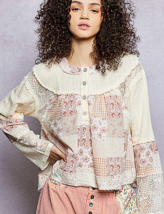 POL Gauze & Lace Long Sleeve Top on Simply Obsessed