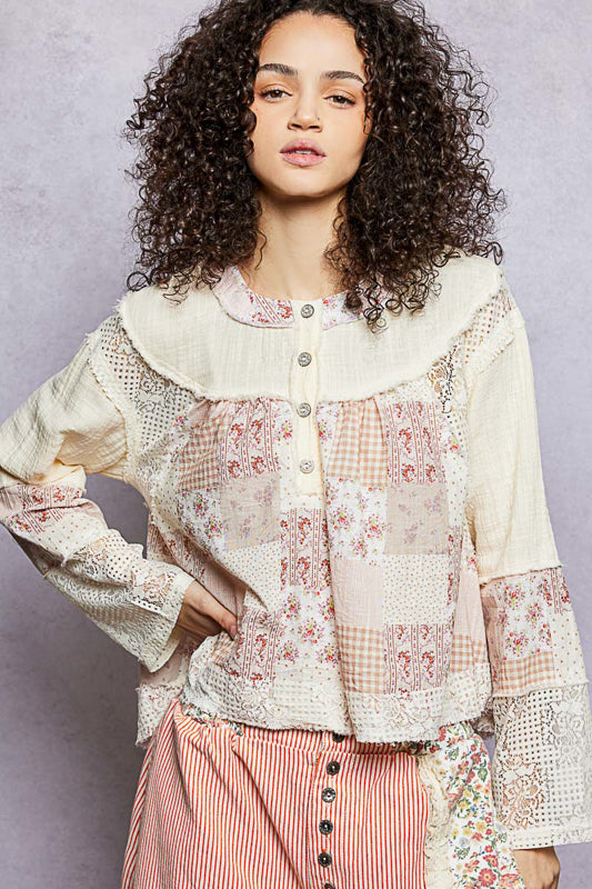 POL Gauze & Lace Long Sleeve Top on Simply Obsessed