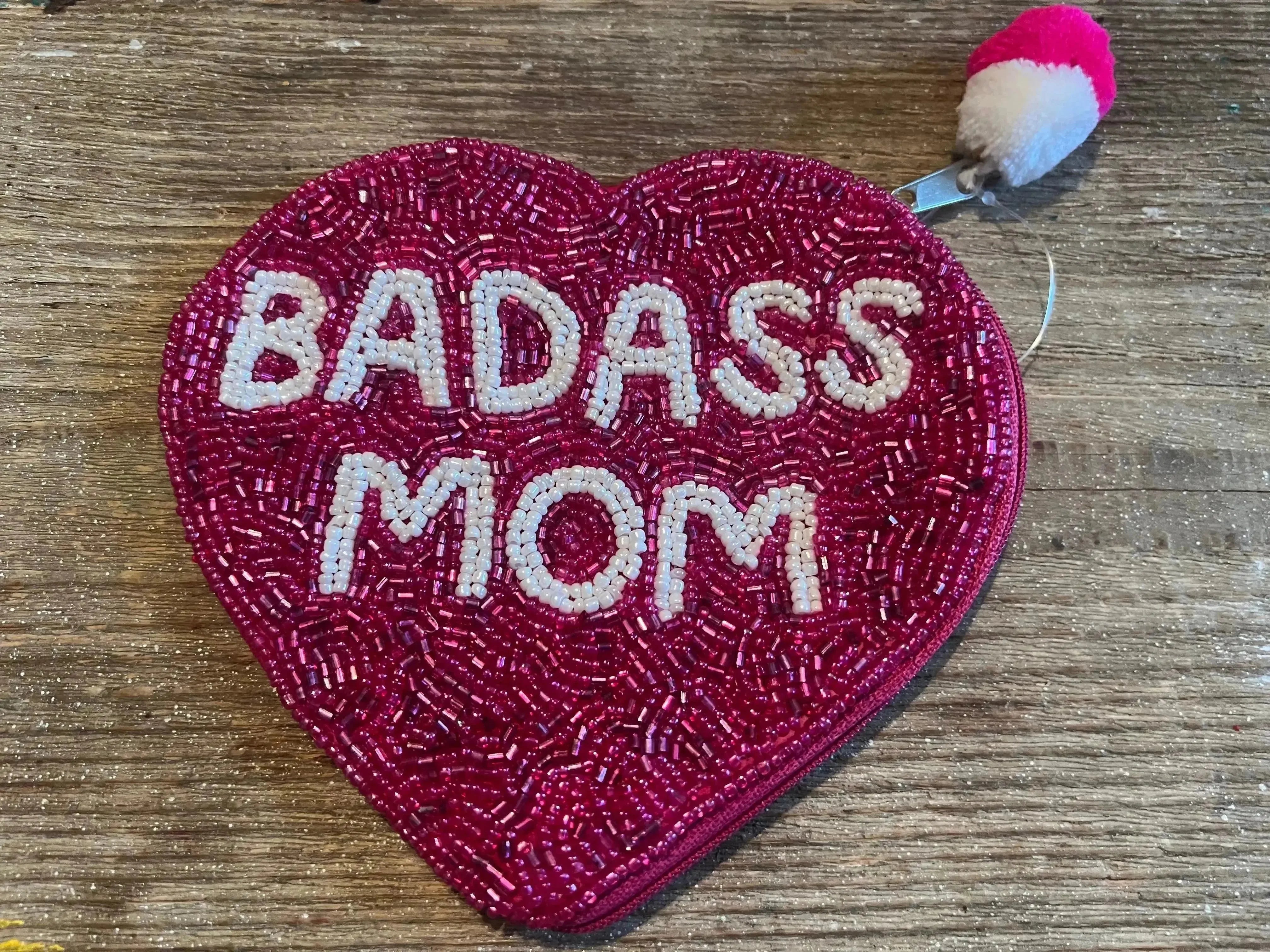 Hand Beaded Pink BadAss Mom Large Coin Purse on Simply Obsessed