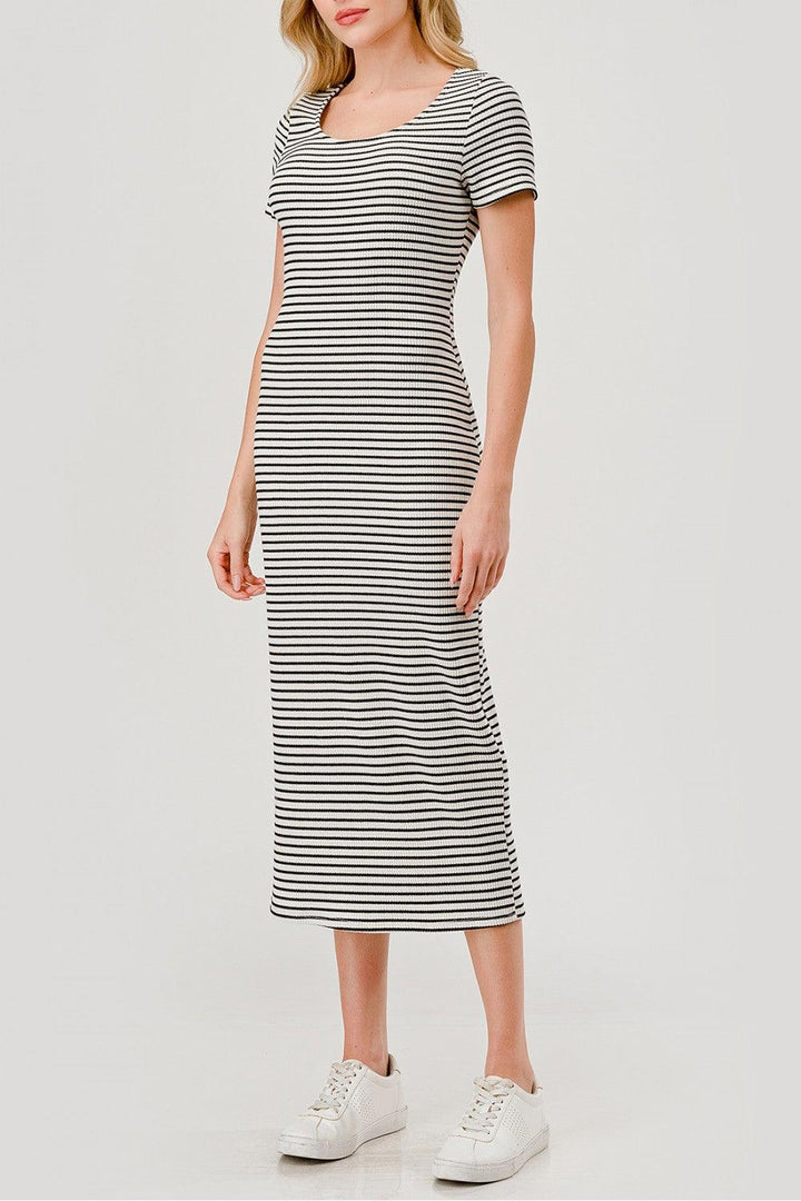 HEIMIOUS Stripe Rib Short Sleeve Dress - WHITE/BLACK on Simply Obsessed