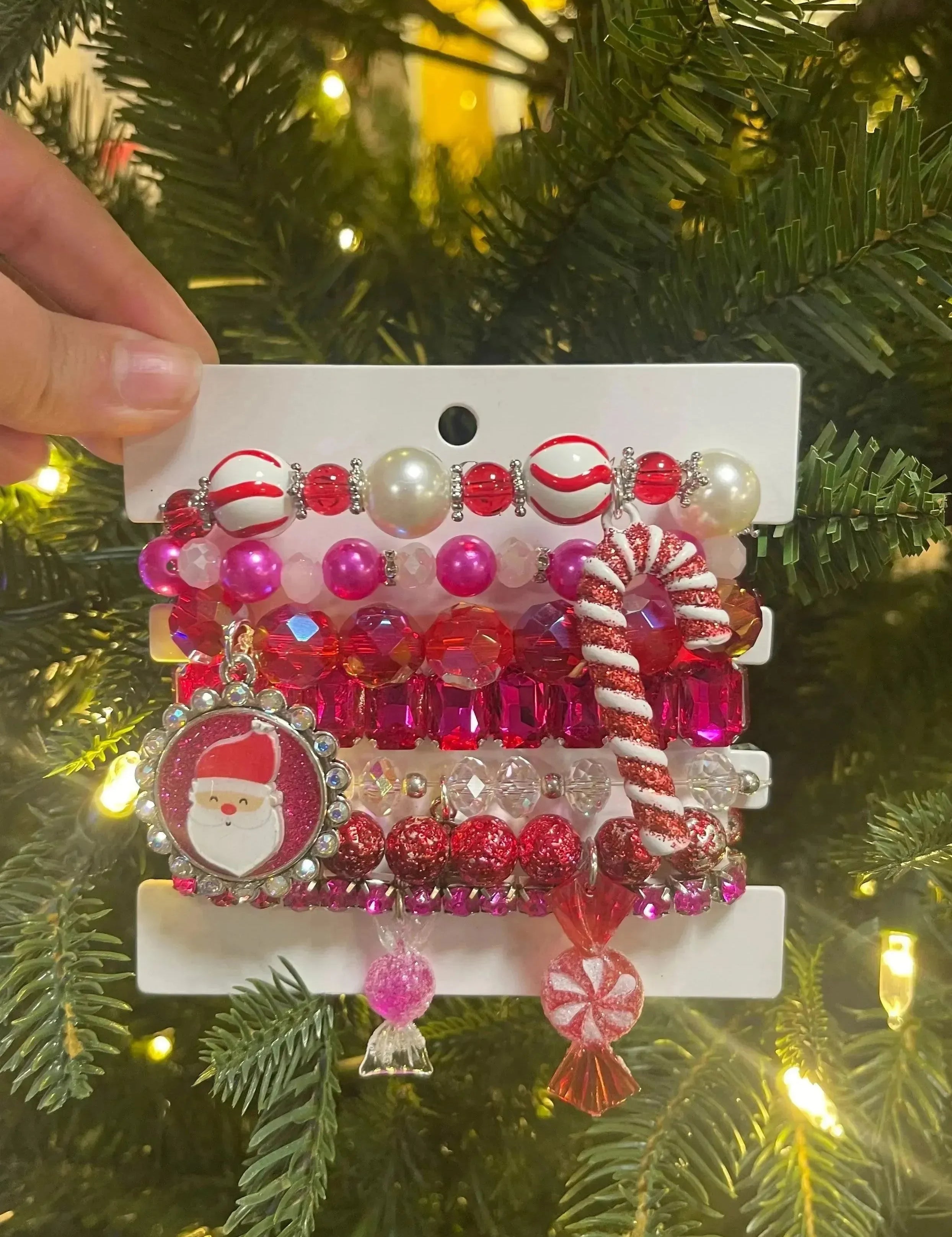 Hot Pink Santa Peppermint Handbeaded Bracelet Stack on Simply Obsessed