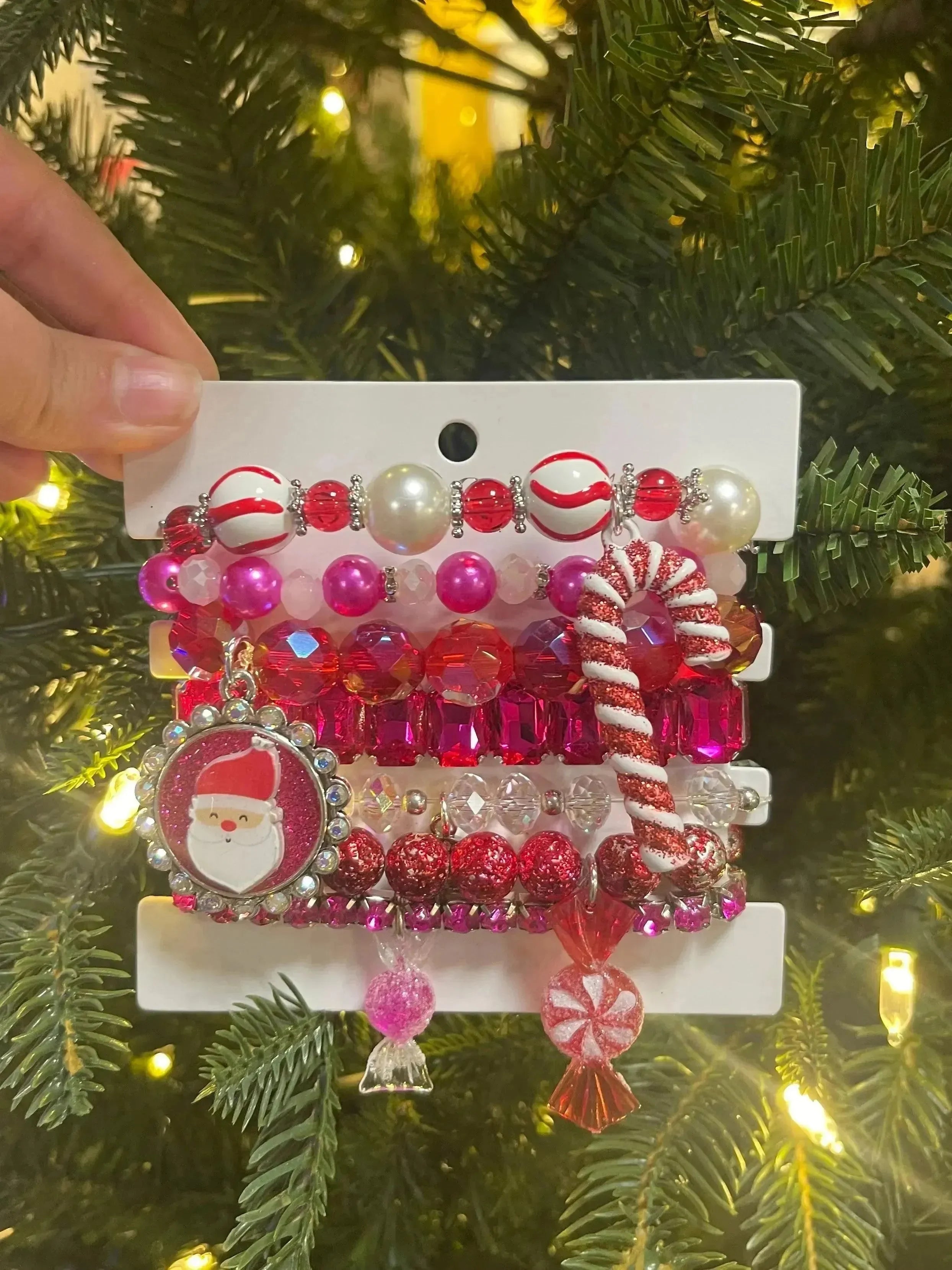 Hot Pink Santa Peppermint Handbeaded Bracelet Stack on Simply Obsessed