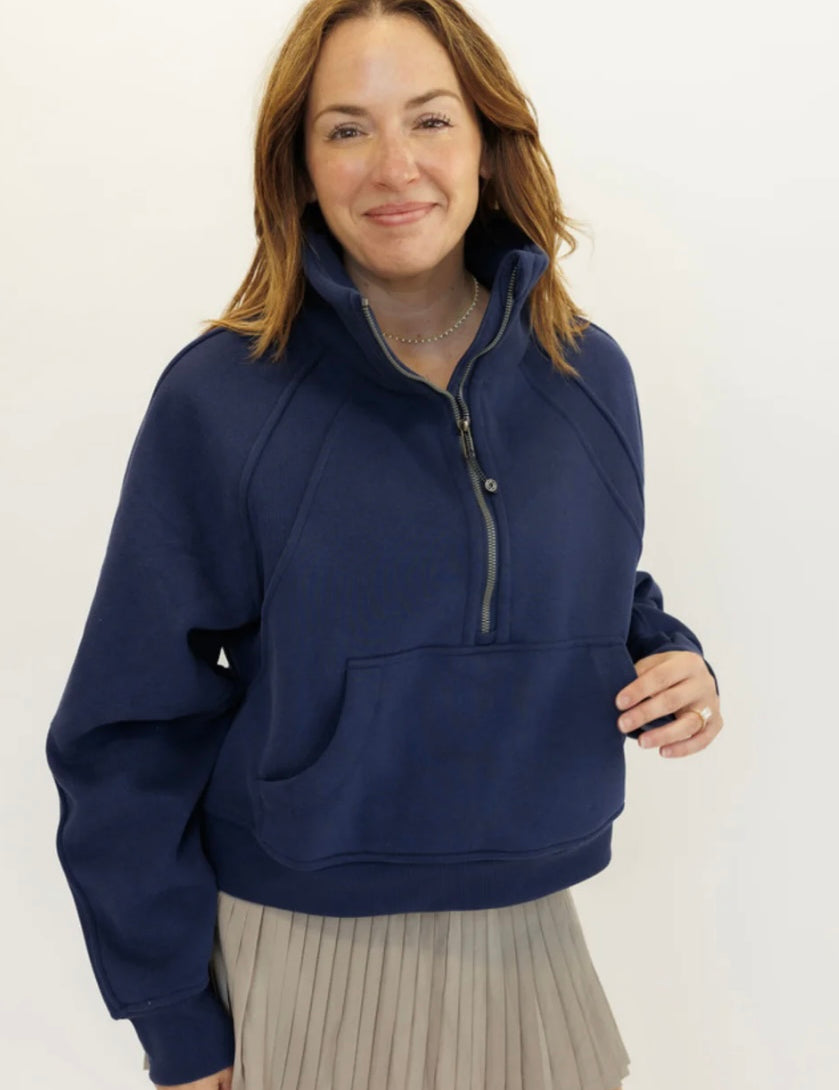 Indigo Navy "Ella" Fleece Lined Cropped Quarter Zip Pullover on Simply Obsessed