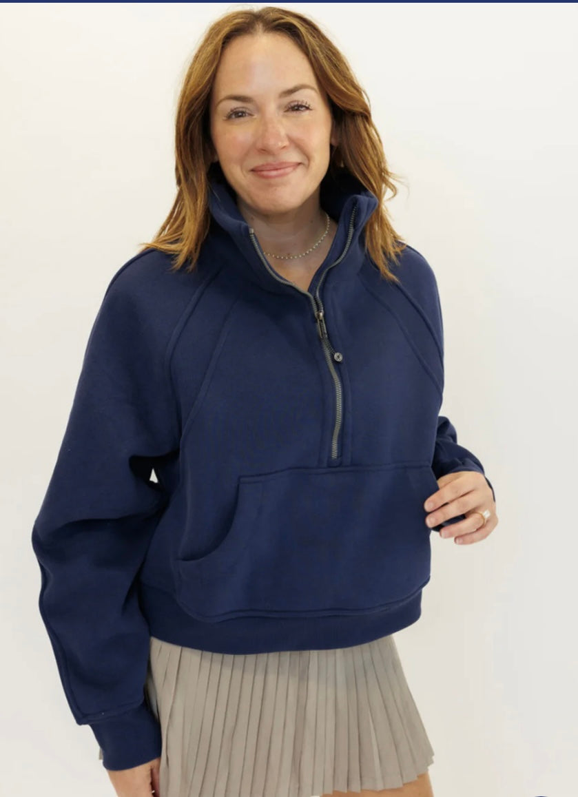 Indigo Navy "Ella" Fleece Lined Cropped Quarter Zip Pullover on Simply Obsessed
