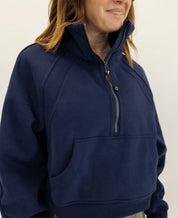 Indigo Navy "Ella" Fleece Lined Cropped Quarter Zip Pullover on Simply Obsessed