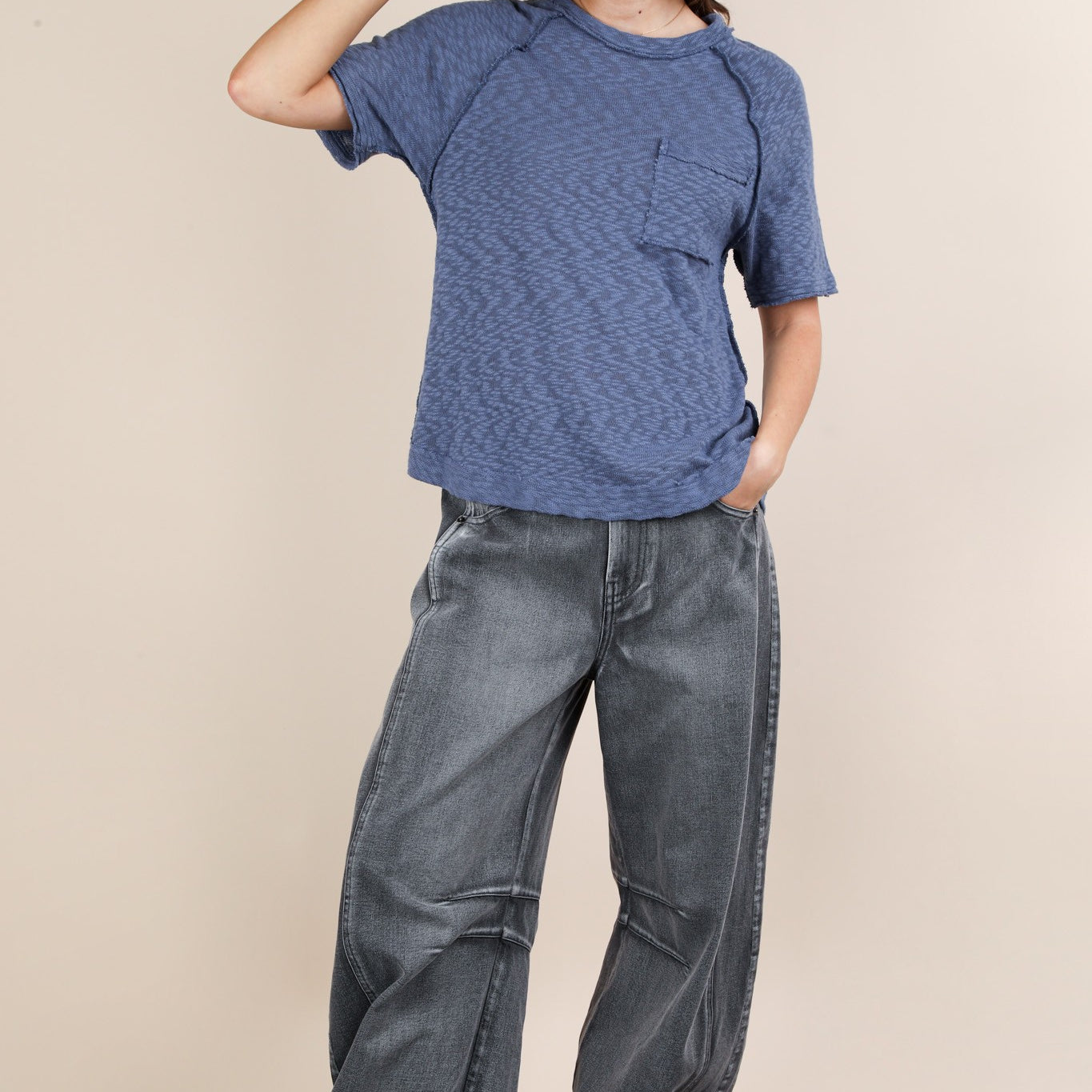 VERY J Solid Casual Knit Top With Patch Pocket on Simply Obsessed