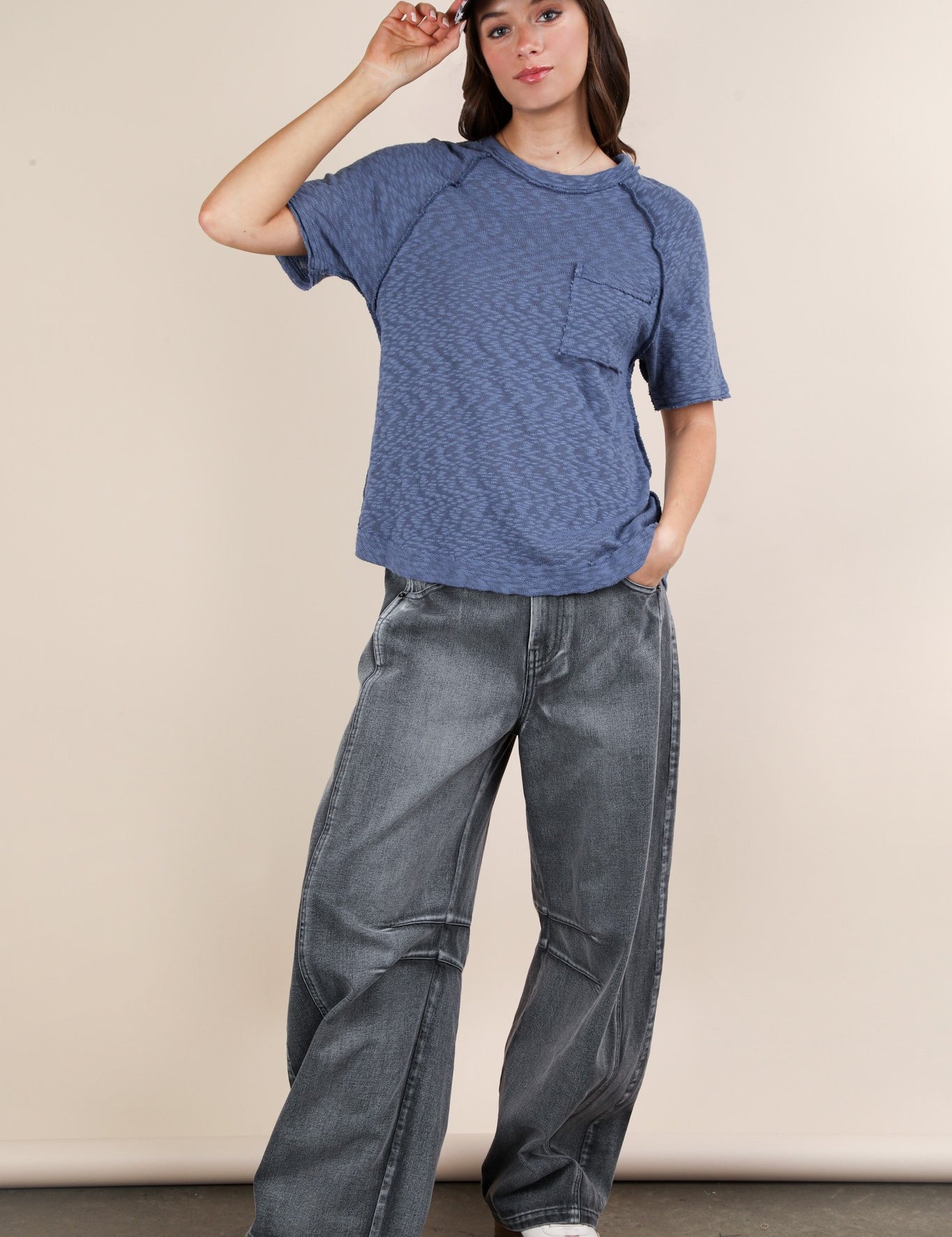 VERY J Solid Casual Knit Top With Patch Pocket on Simply Obsessed