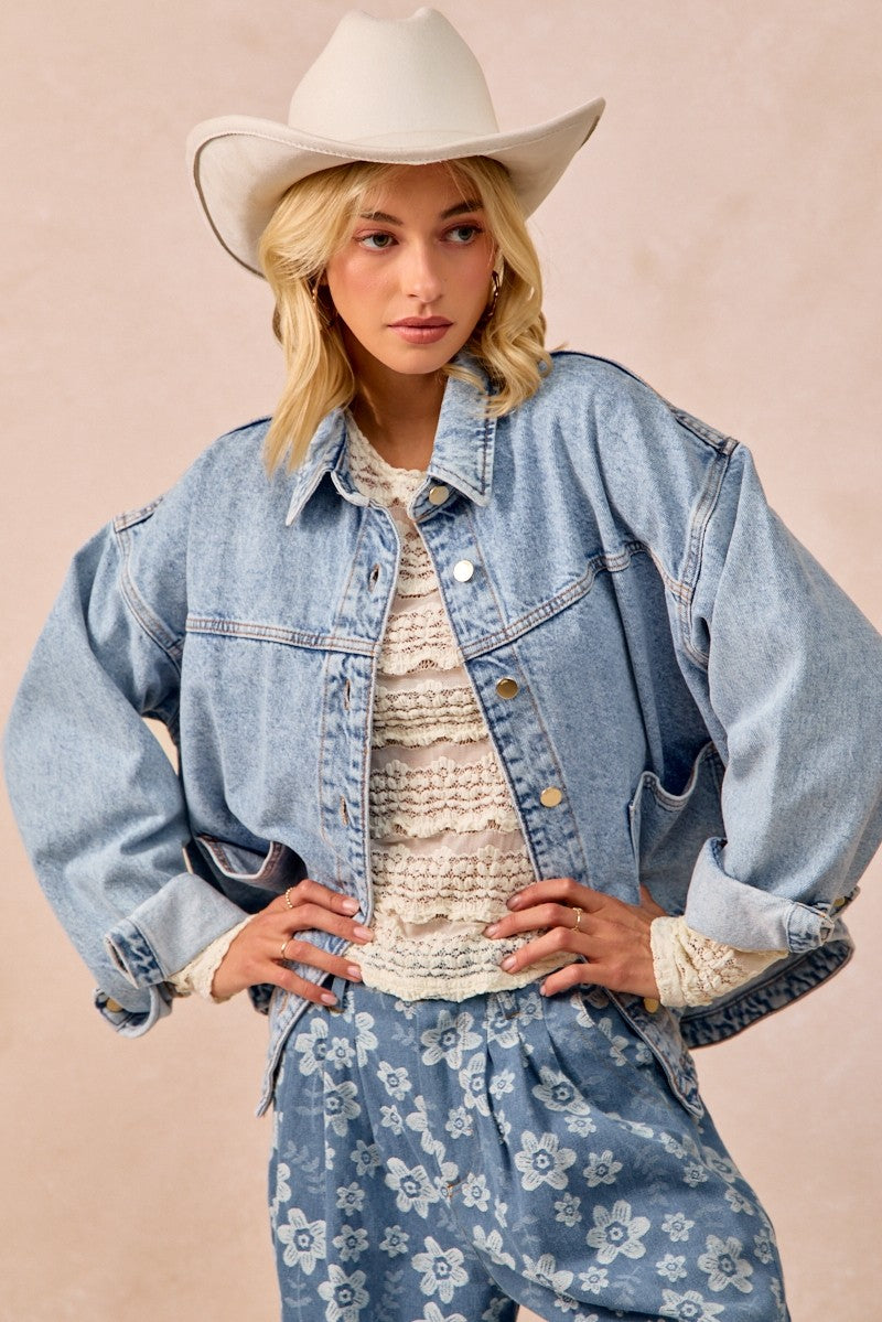 BIBI Washed Denim Jacket With Double Pocket Back Pleat on Simply Obsessed