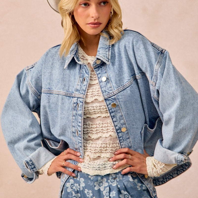 BIBI Washed Denim Jacket With Double Pocket Back Pleat on Simply Obsessed