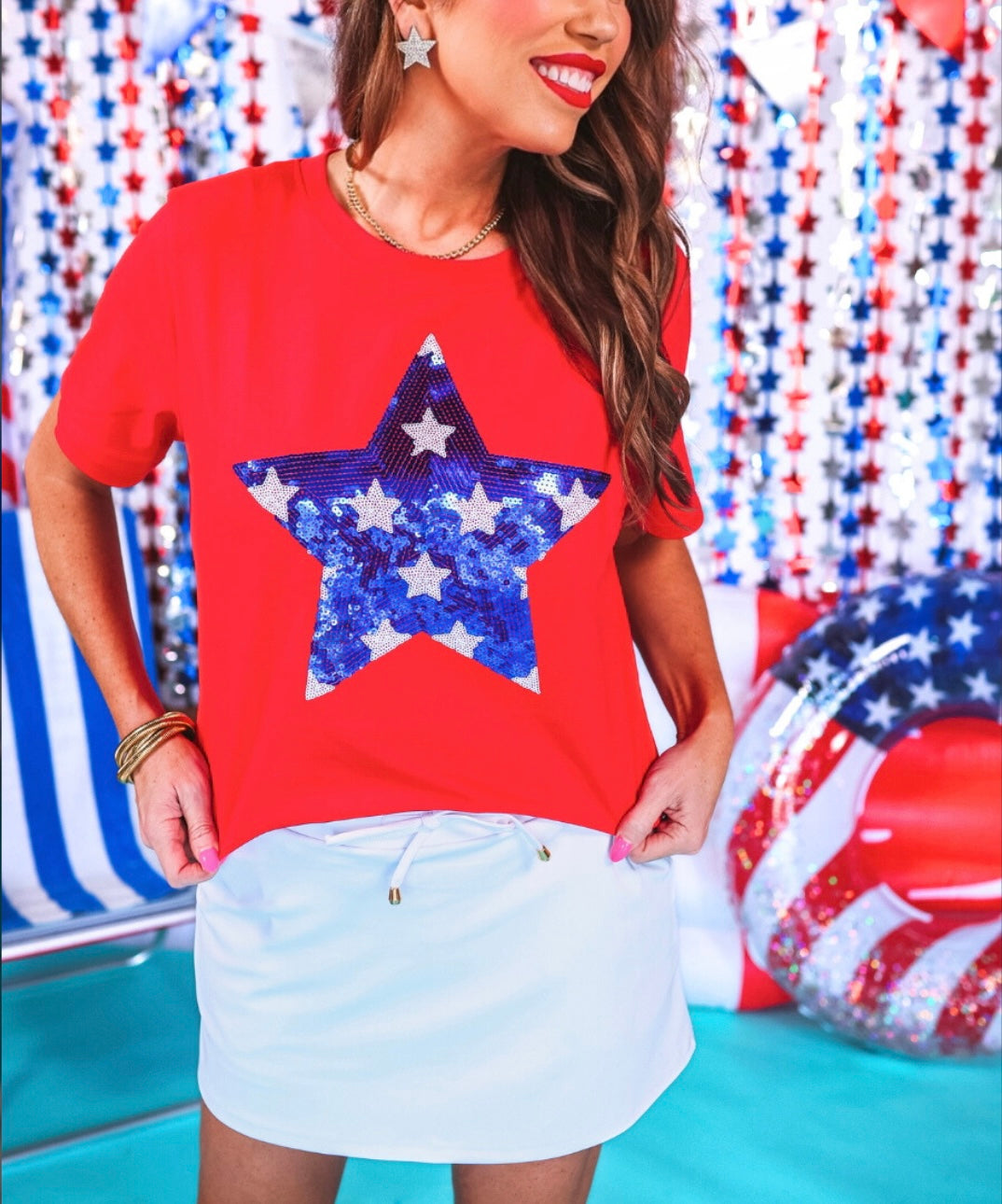 JL Stars & Sparklers Sequin Top - Red on Simply Obsessed