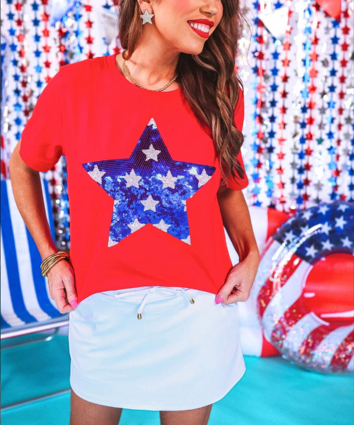 JL Stars & Sparklers Sequin Top - Red on Simply Obsessed