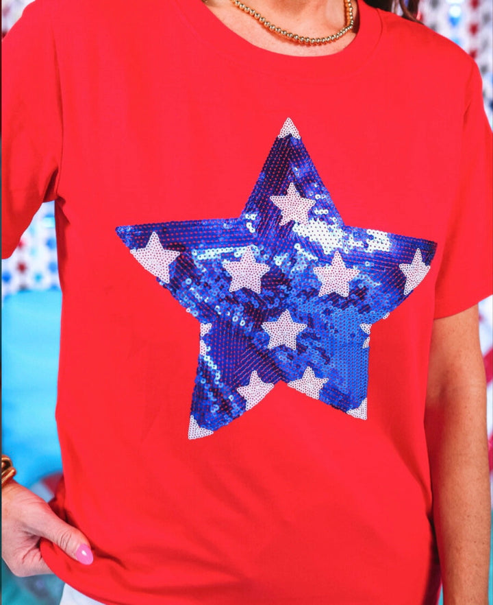 JL Stars & Sparklers Sequin Top - Red on Simply Obsessed