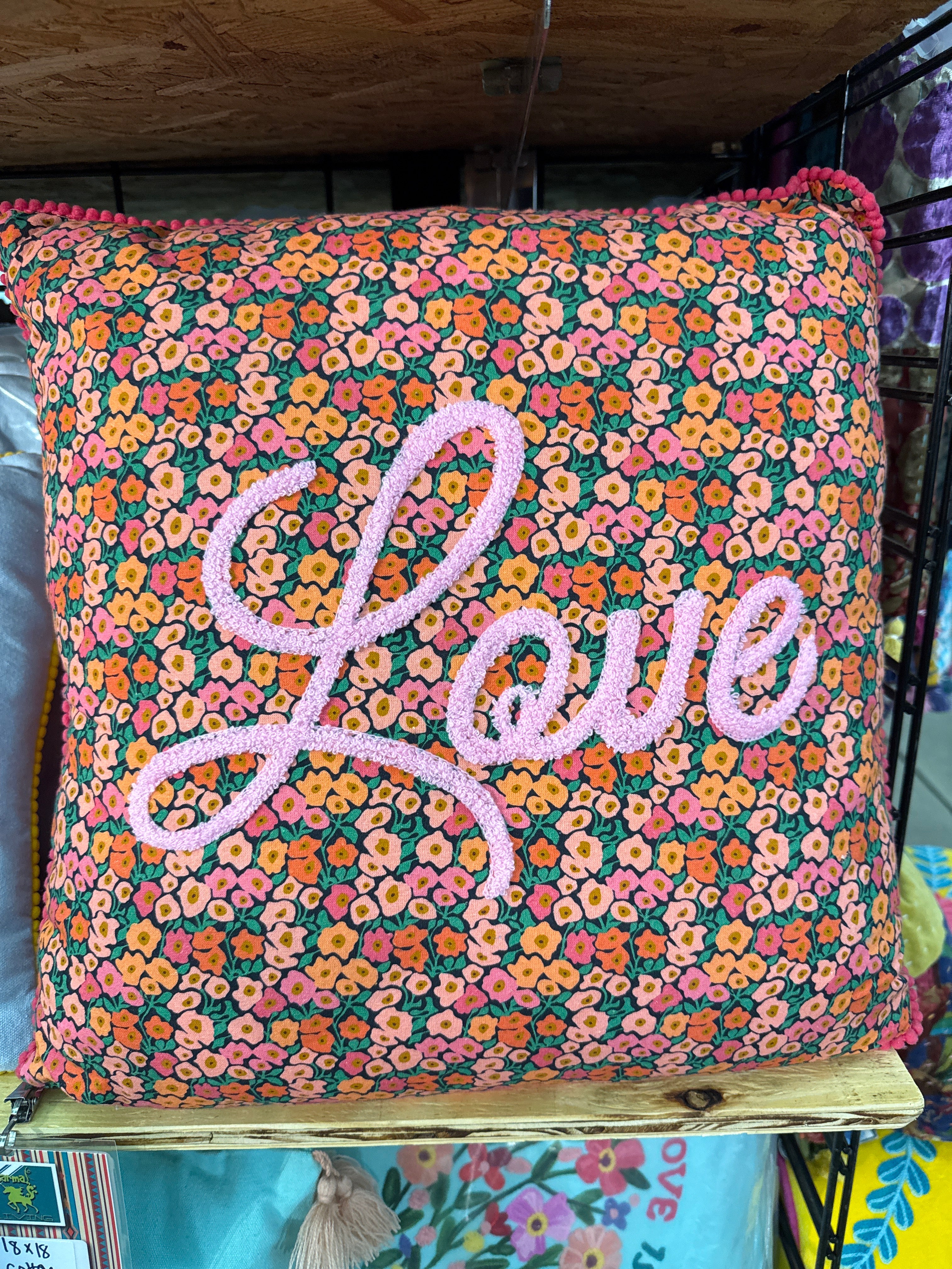 KARMA LIVING Large Embroidered Pillow - PINK LOVE on Simply Obsessed