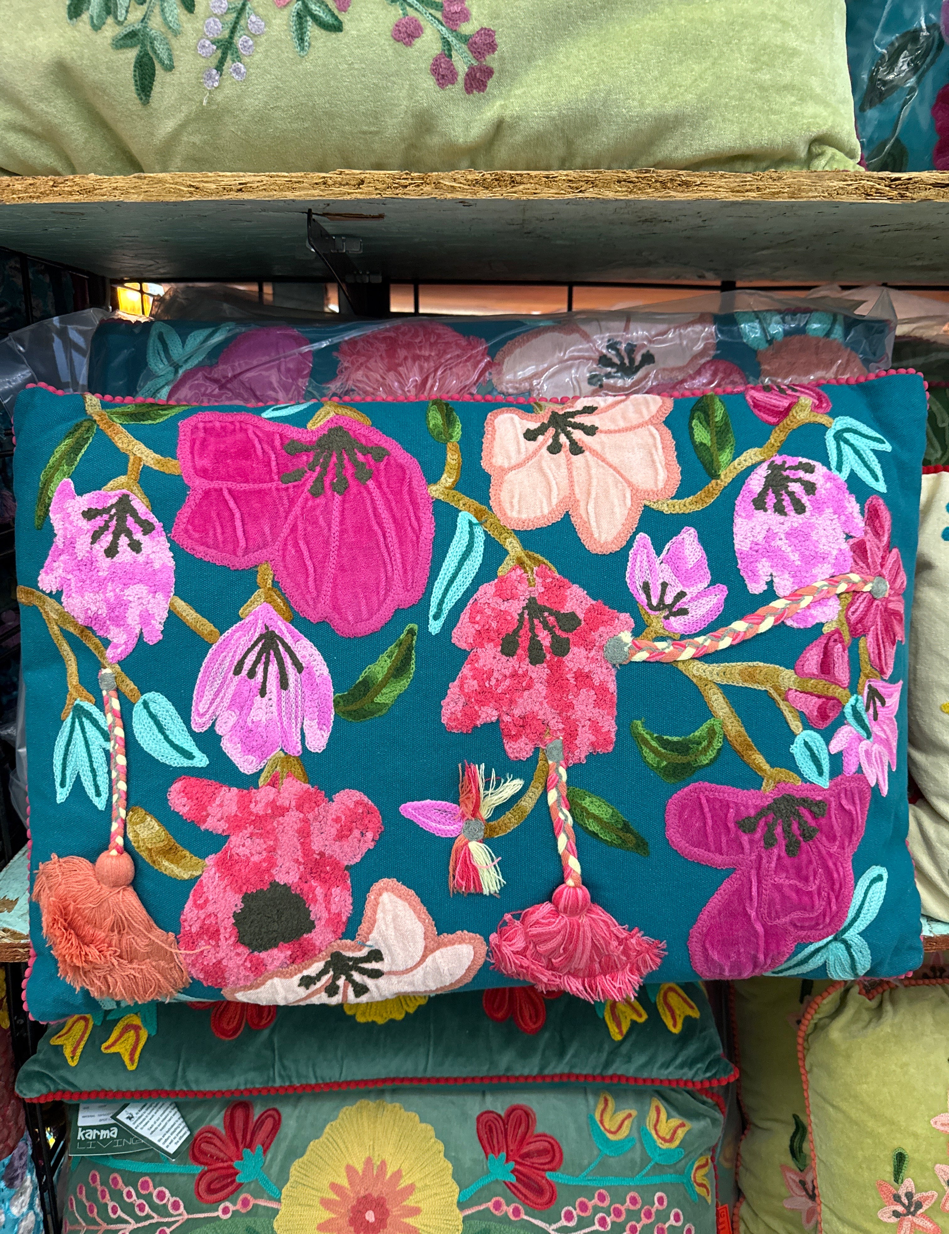KARMA LIVING Large Embroidered Pillow - TEAL FLORAL on Simply Obsessed