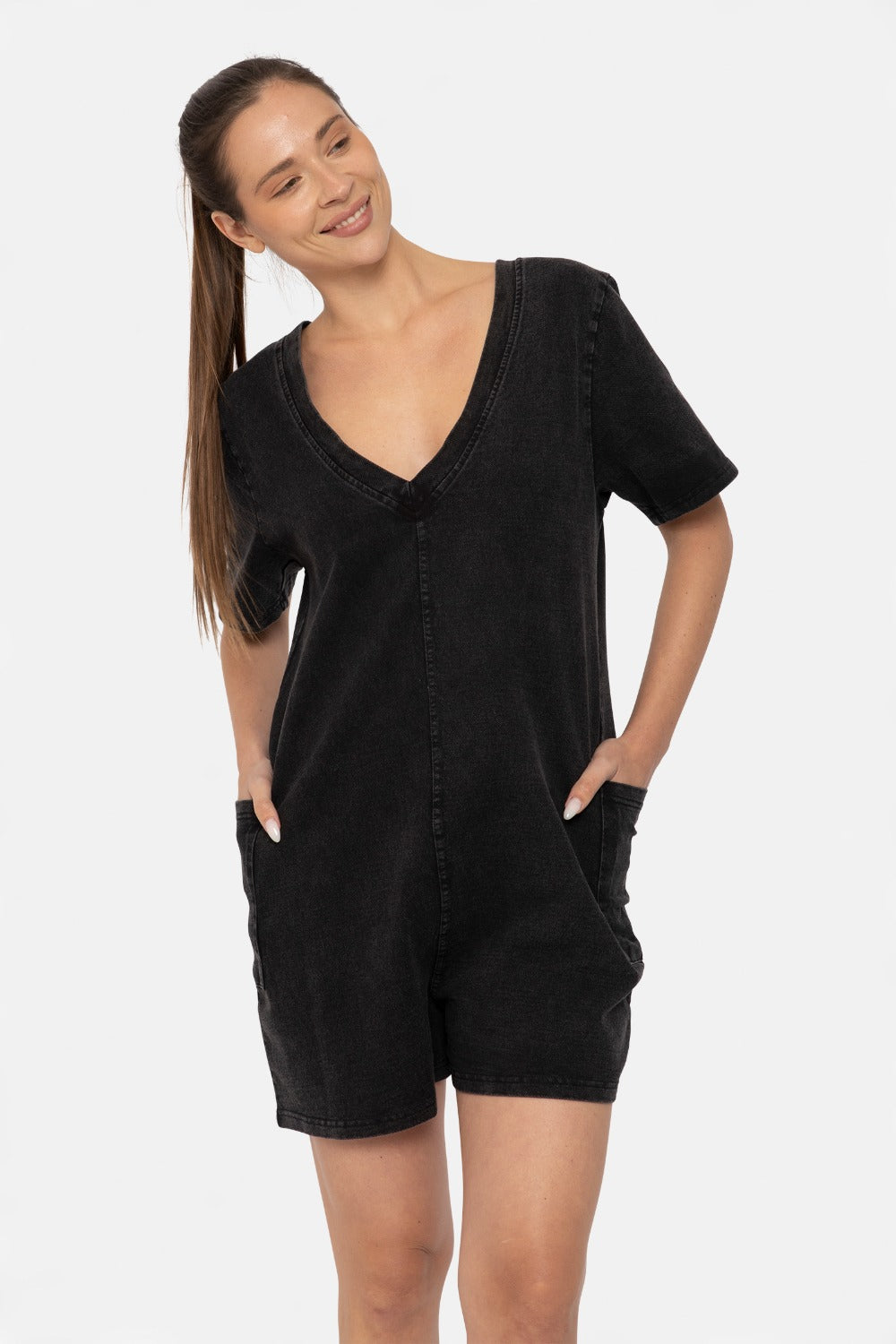 MONO B Mineral Wash Vintage V-Neck Romper - BLACK
