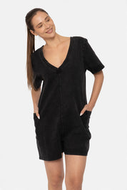 MONO B Mineral Wash Vintage V-Neck Romper - BLACK