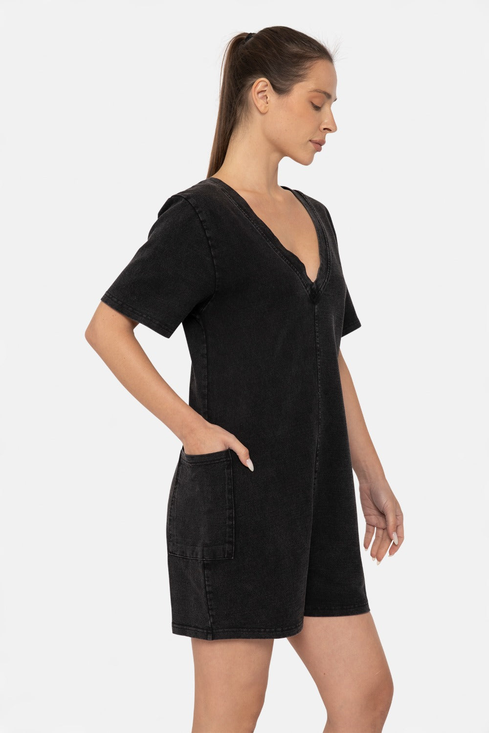 MONO B Mineral Wash Vintage V-Neck Romper - BLACK