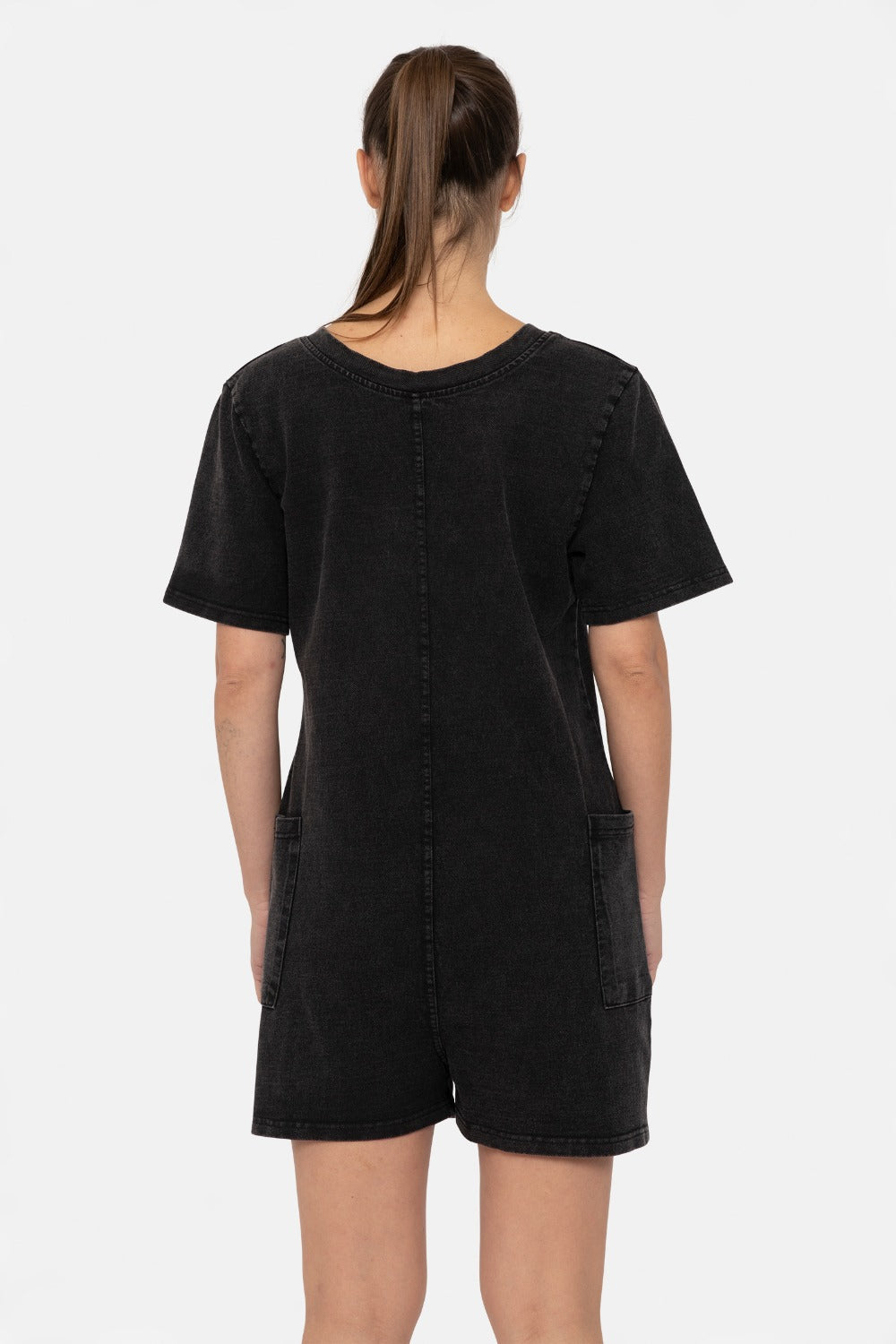 MONO B Mineral Wash Vintage V-Neck Romper - BLACK