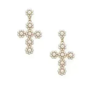 LA Finds Pearl Cross Drop Earrings on Simply Obsessed