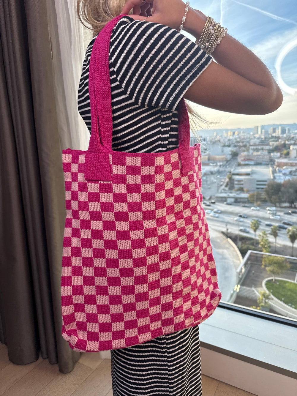 LA Finds Pink Checkered Crochet Tote on Simply Obsessed