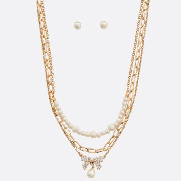 LA Finds Rhinestone Bow/Pearl Layered Necklace on Simply Obsessed
