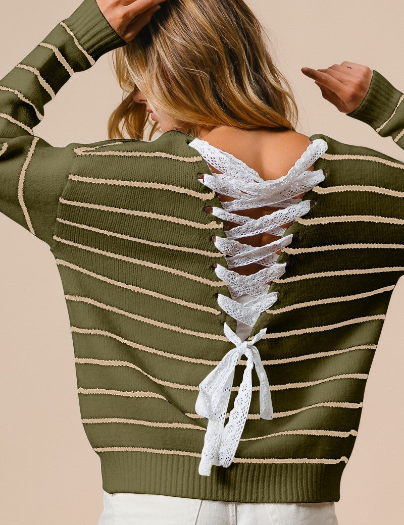 BIBI Back Lace Up Detail Stripe V Neck Knit Sweater ** VEGAS LIVES** on Simply Obsessed