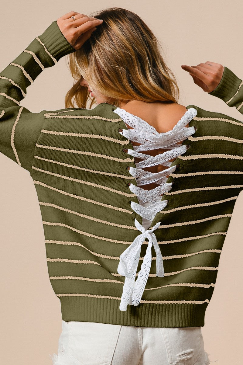 BIBI Back Lace Up Detail Stripe V Neck Knit Sweater ** VEGAS LIVES** on Simply Obsessed
