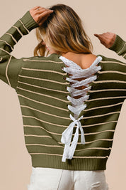 BIBI Back Lace Up Detail Stripe V Neck Knit Sweater ** VEGAS LIVES** on Simply Obsessed