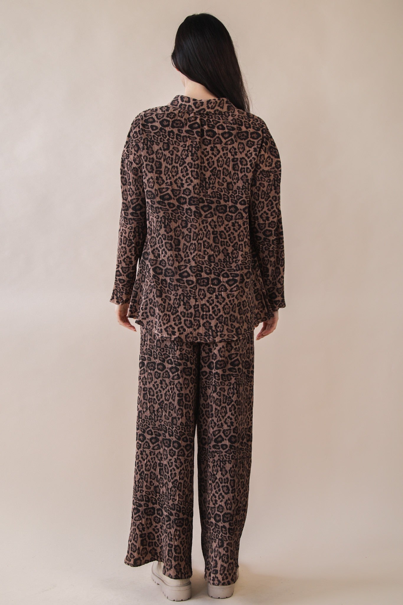 VERY J Pleated Leopard Printed Shirt Top & Pants Set on Simply Obsessed