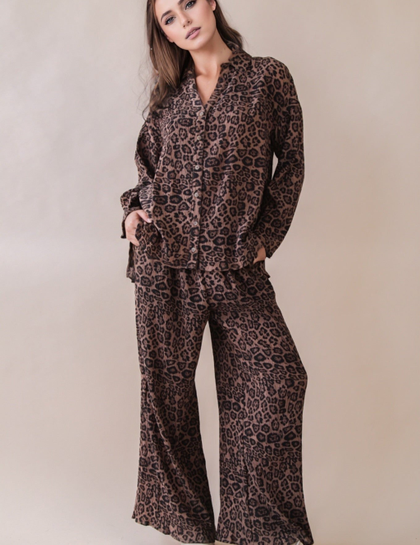 VERY J Pleated Leopard Printed Shirt Top & Pants Set on Simply Obsessed
