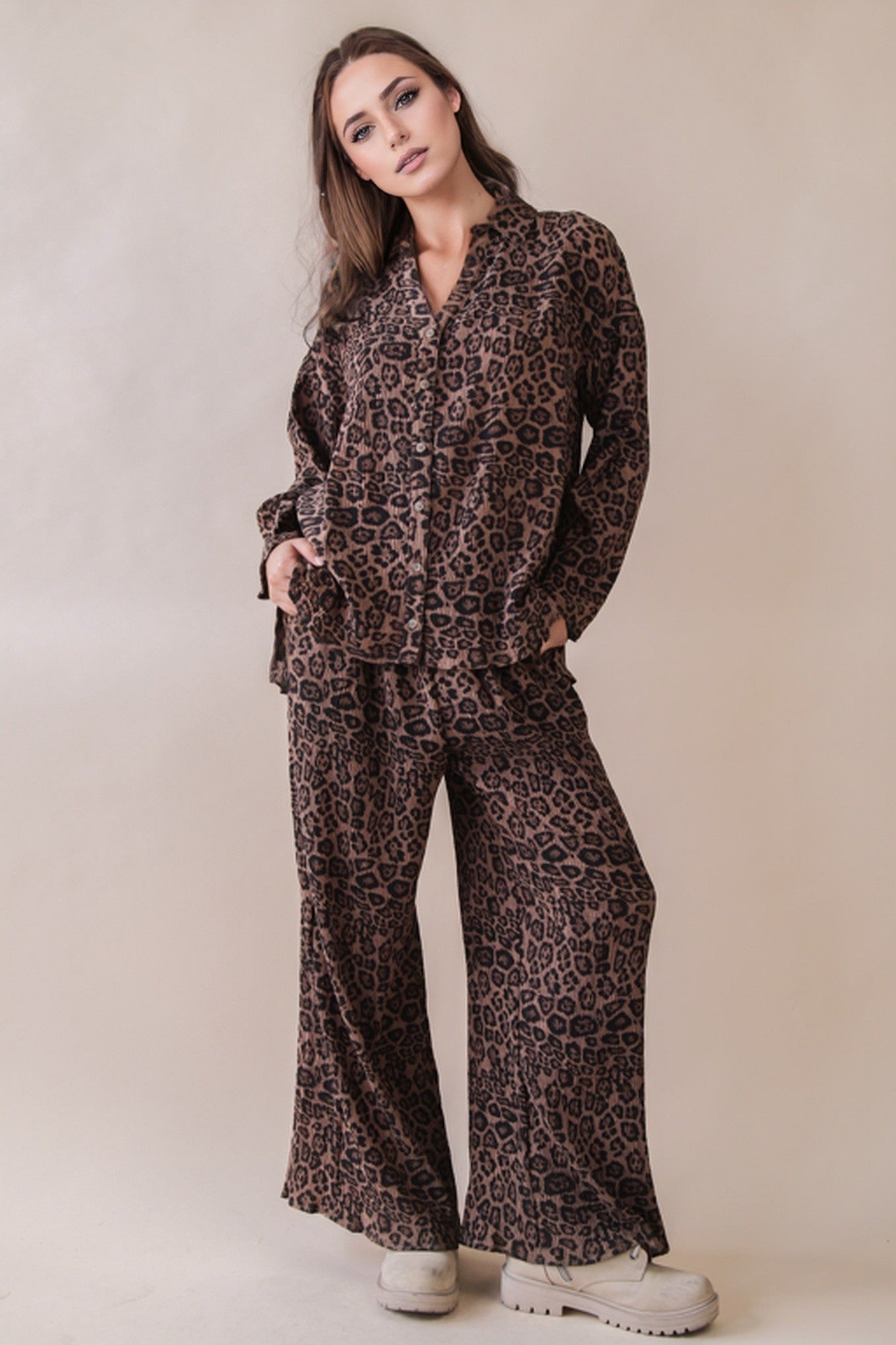 VERY J Pleated Leopard Printed Shirt Top & Pants Set on Simply Obsessed
