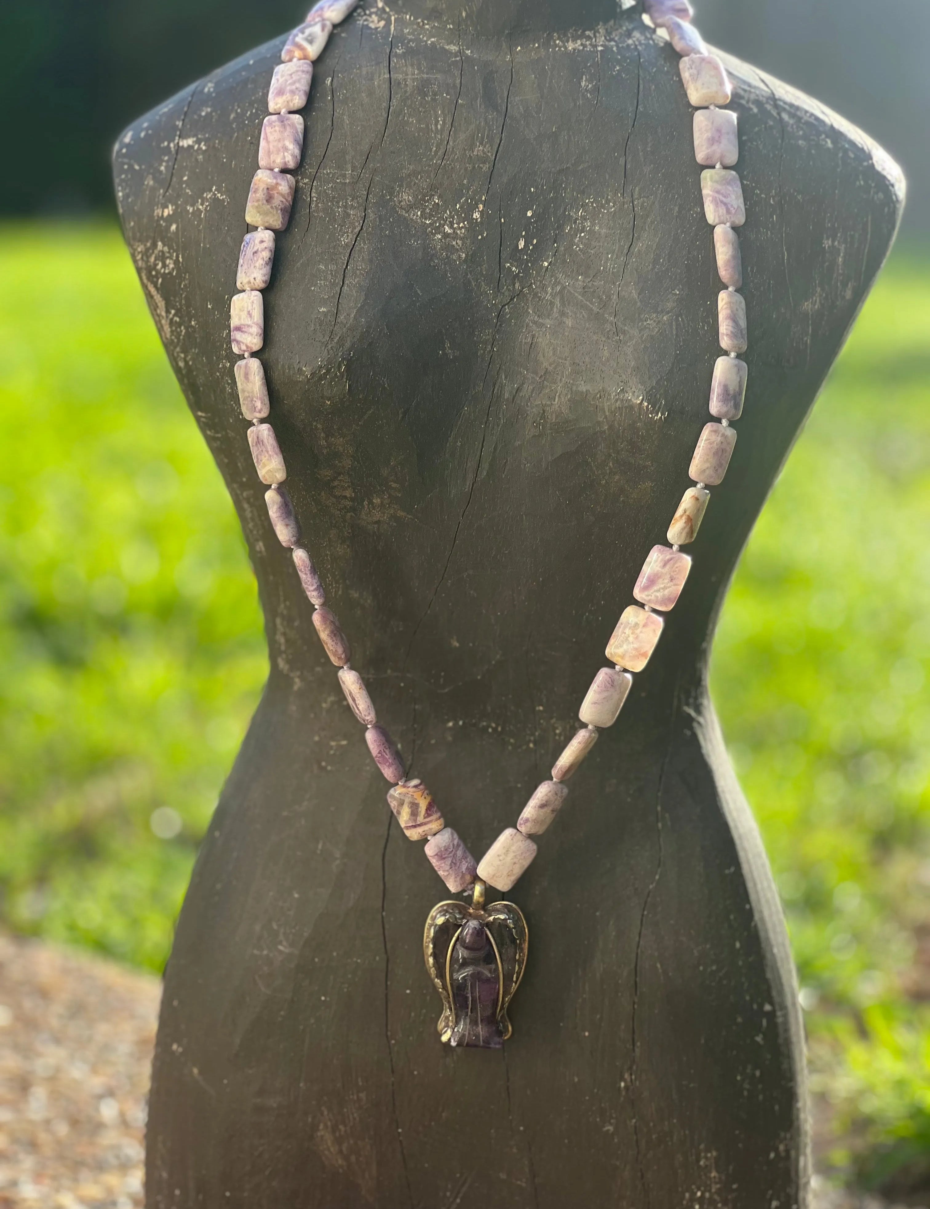 Lepidolite Tibetan Silver Amethyst Lace Angel OOAK Necklace on Simply Obsessed