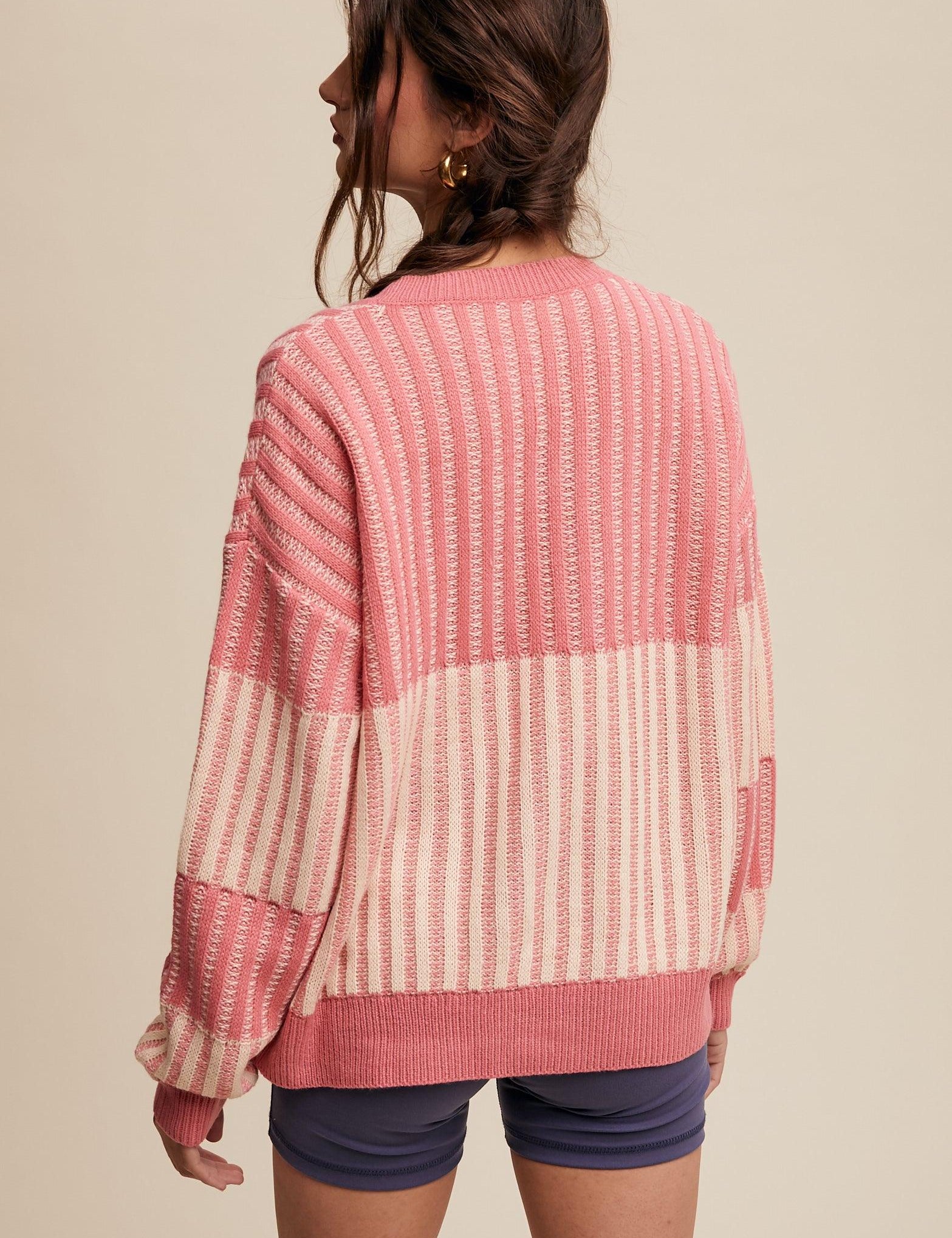 LISTICLE Bubble Gum Contrast Knit Heart Crew Neck Sweater on Simply Obsessed