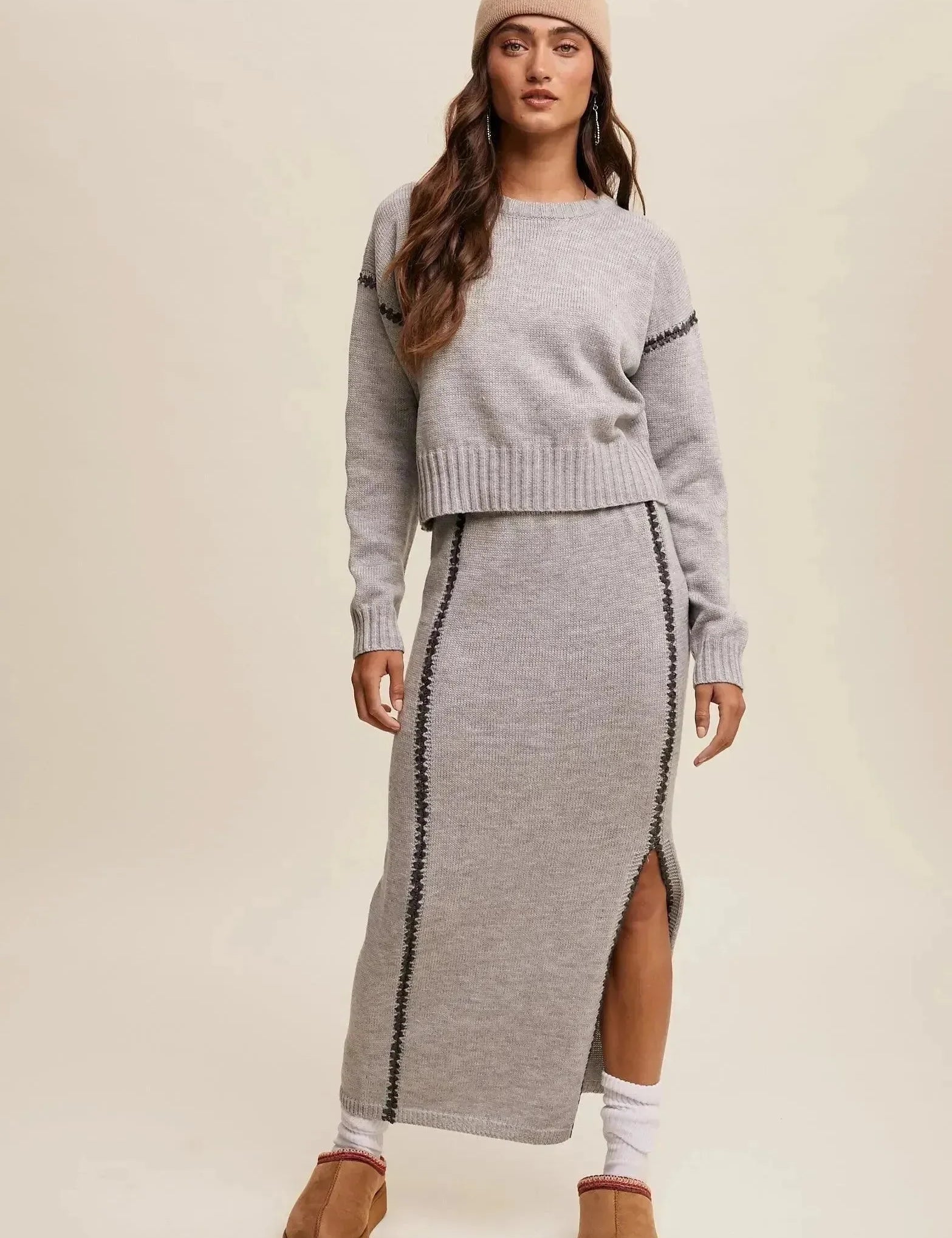 LISTICLE Contrast Stitch Knit Sweater and Long Skirt Set - Heather Grey on Simply Obsessed
